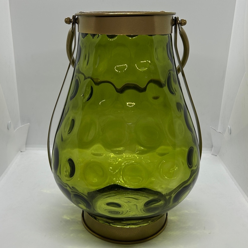 Green Glass With Gold Metal Handle Candle Holder 11” Decor - Picture 3 of 9